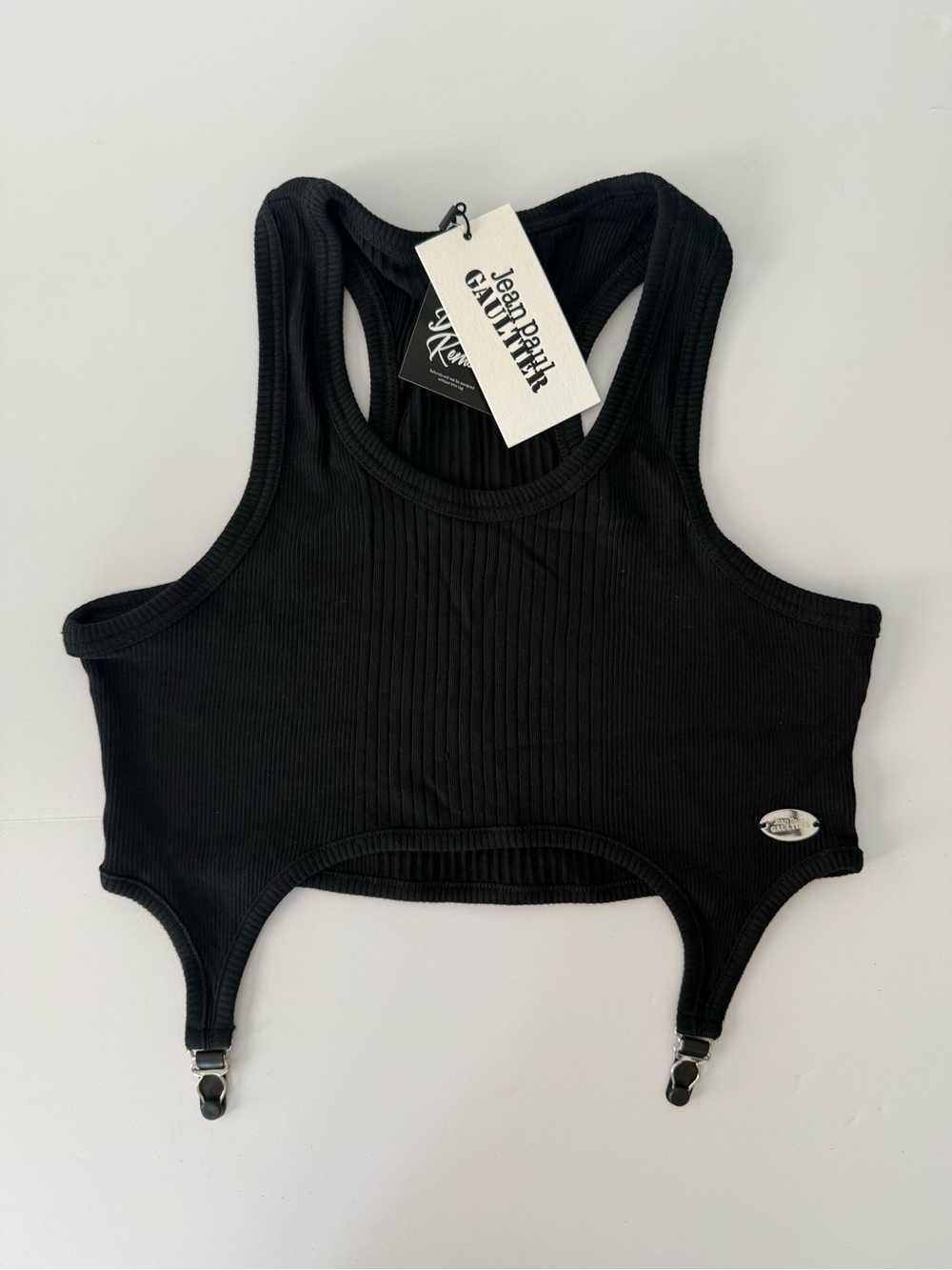 Jean Paul Gaultier Black Ribbed Crop Tank with Garter Detail